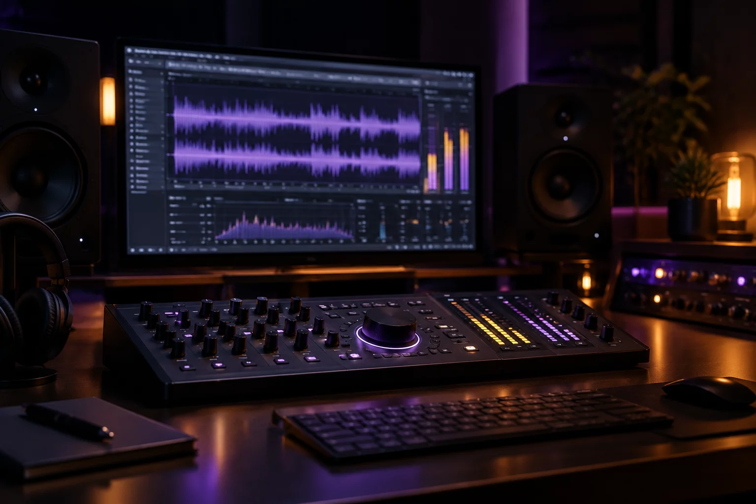 Professional audio mixing workstation and waveform analyzer screens