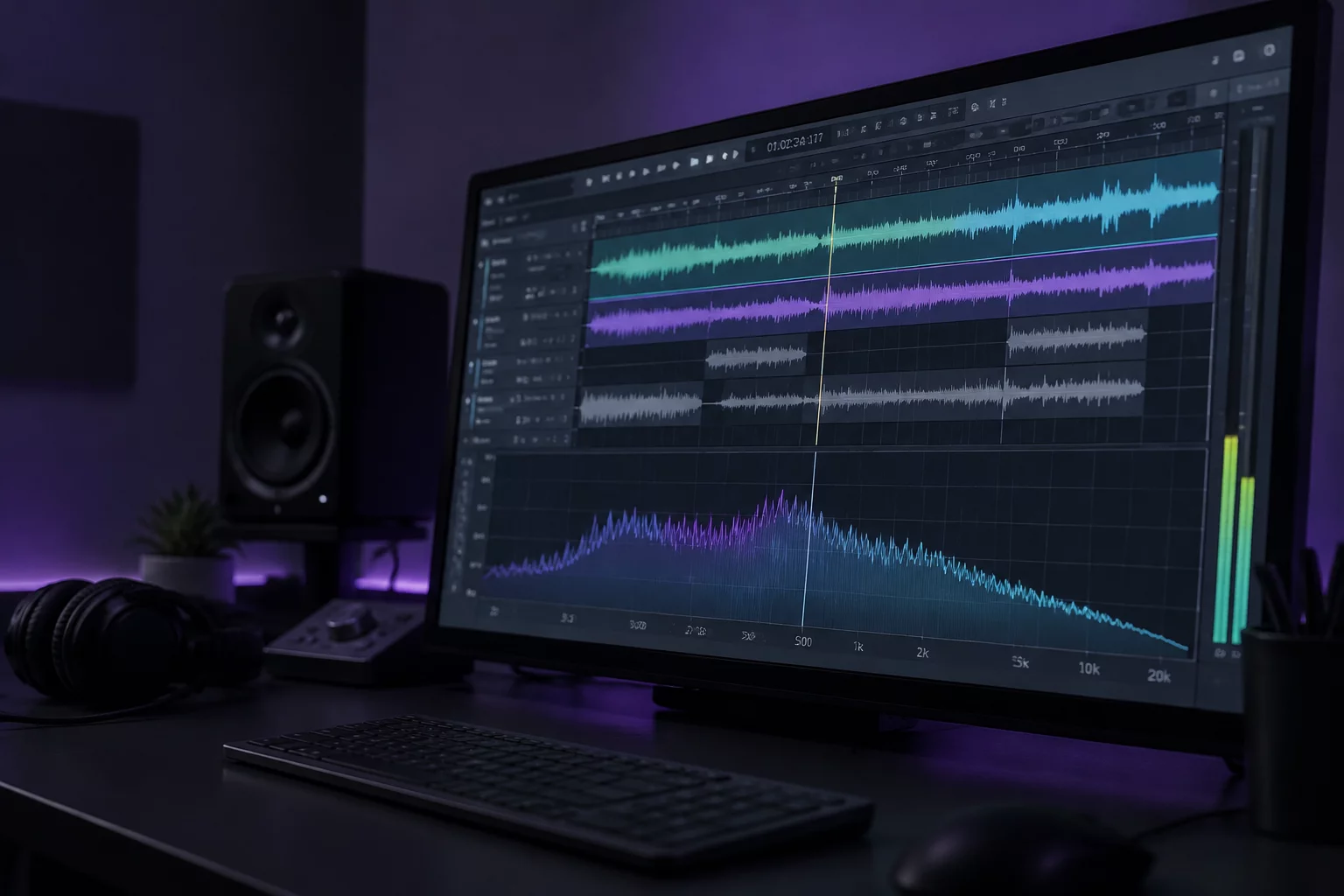 Digital audio workstation screen displaying cue placement and frequency analysis
