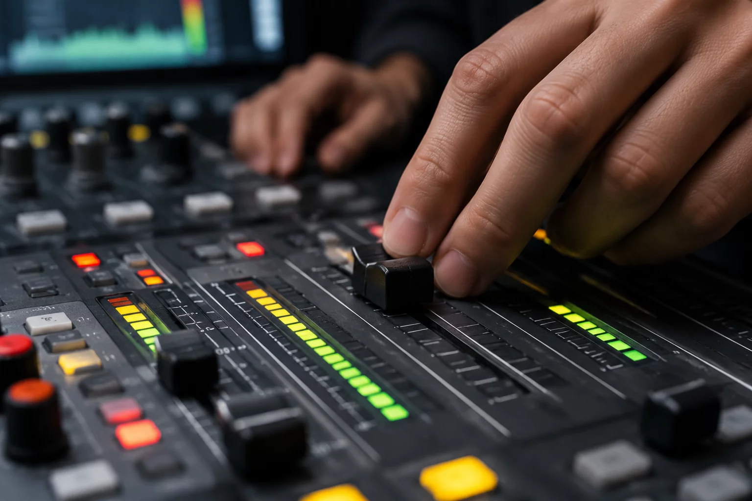 Hands executing a rapid transition on an audio mixing interface